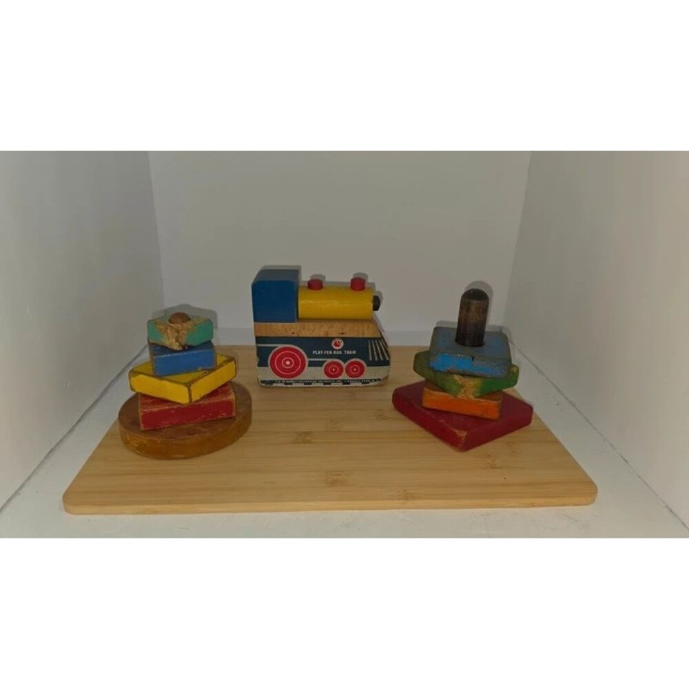 Vintage Wooden Toy Lot Play-Pen-Rail Train & Stacking Blocks Nursery Decor